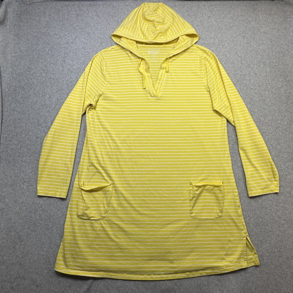 Coolibar Beach Cover Up Dress Womens XL Yellow Stripe Hooded UPF 50+ Swim